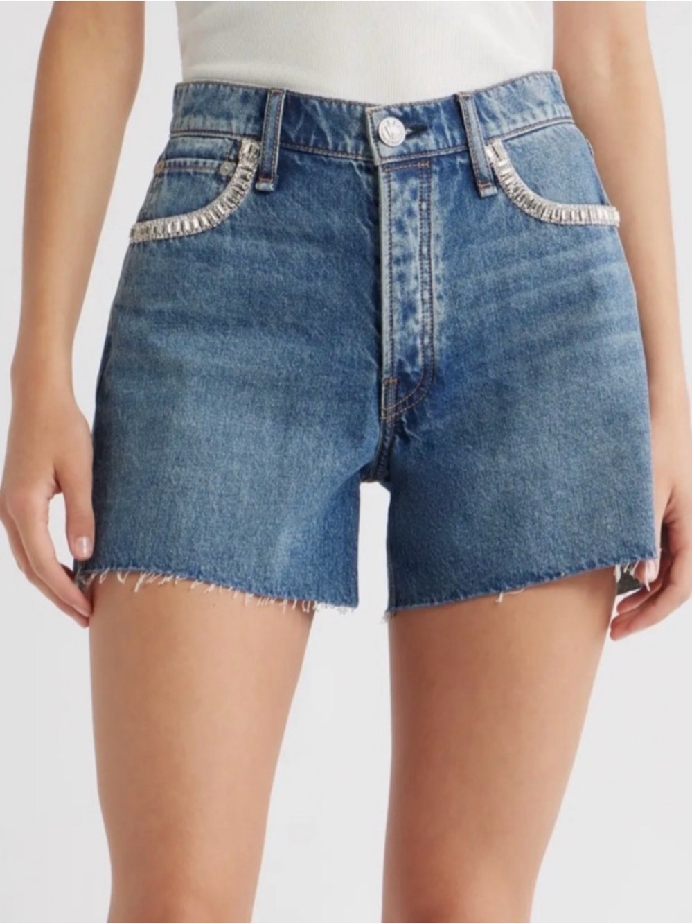 NWT $248 rag & bone Blue Everit Jewel Vintage Cut Off Short Crystal Size 25
